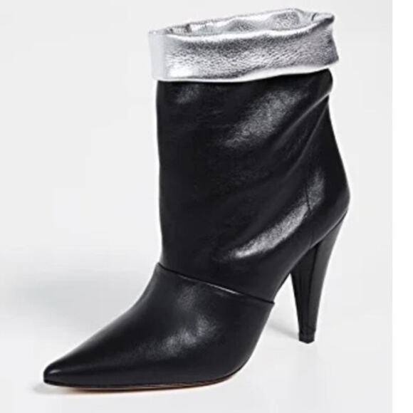 IRO Avina Leather Fold Over Mid Calf Boots In Black Silver Heels Size 7 NEW - Picture 2 of 15